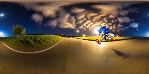 Sonic the Hedgehog running through an endless star-speckled night, with a small but bright moon. Field stretching infinitely. A single lamppost. Light ethereal clouds.