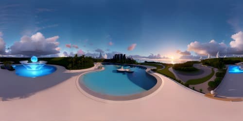 VR360 ultra-high resolution, hillside panorama, tropical beach paradise. Unobstructed VR360 view, clear blue sea, sun kissing the horizon, sky adorned with pastel hues. Style: Masterpiece, best quality
