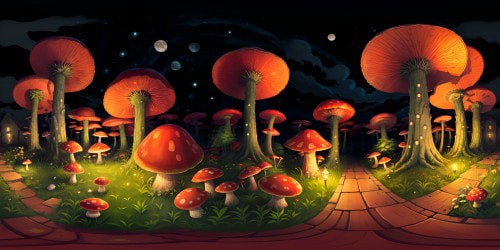 VR360 view, ginormous red mushroom metropolis, forest backdrop. Opaque darkness, radiant mushroom glow, ethereal. Velvet night sky, twinkling stars, luminescence soft yet stark. Pixel-art style, ultra HD, masterpiece aesthetic. Impressively detailed, VR360 immersion, dreamlike spectacle.