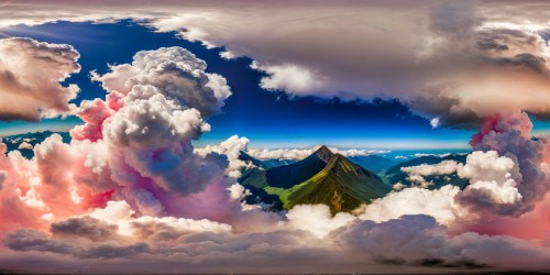 A breathtaking, flawless panoramic vista from high above, showcasing a multitude of towering ebony mountains piercing through cotton candy clouds, vast and highly detailed.