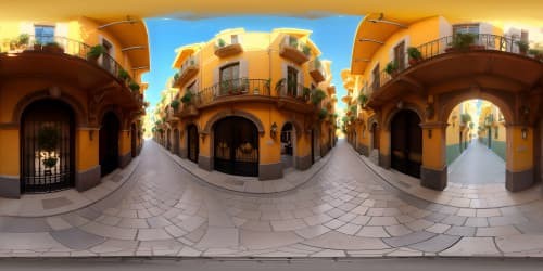 Art Nouveau inspired Spanish street panorama, cobblestone pathways, ornate Balconies, captivating VR360 view. Wrought iron details, vibrant mosaics, whitewashed facades, picturesque VR360 sunset. Ultra high-res, Pixar-style, rich color saturation for immersive quality, a timeless masterpiece.