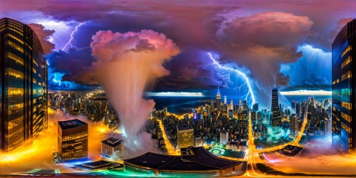 A dynamic and electrifying cityscape straight out of Mob Psycho 100, showcasing towering skyscrapers, neon lights reflected on rain-soaked streets, billowing storm clouds and crackling lightning, an iridescent mural painted across a massive building façade.