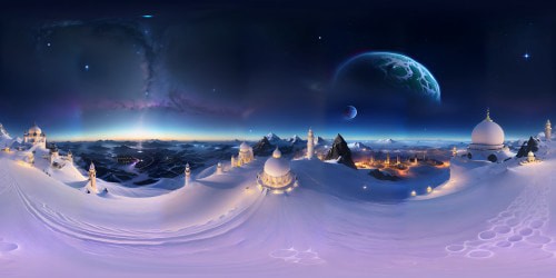 Impressive VR360 masterpiece, ultra-high-resolution. Snow-capped colossal mountain peaks, mirrored in a serene, shimmering lake. Starlit night sky embracing a vibrant purple galaxy strip, majestic VR360 panorama. Large, gleaming Saturn and neighboring celestial bodies. Foreground, towering minarets, emerald dome, mosque silhouette. Style - realism mixed with surrealism, hinting
