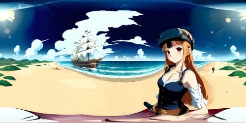 One piece character Nami in LONG ORANGE hair. dark brown eyes.  standing on a big ship can see the front face. smiling. BACKGROUND IS THE OCEAN