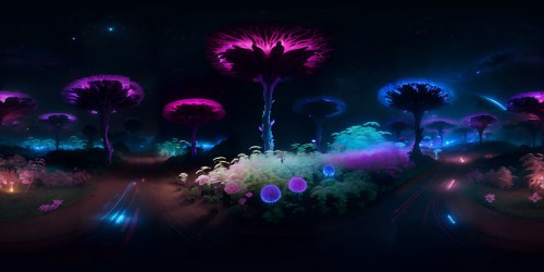 Alien planet, glowing bioluminescent flora, VR360 expanse. Luminescent veins of petals, foliage aflame with otherworldly colors. Vast, vivid alien landscapes, crystal clear ultra-high-res rendering. Unrivalled quality, immersive masterpiece, surreal art style.  Alien ecosystem, VR360 splendor.