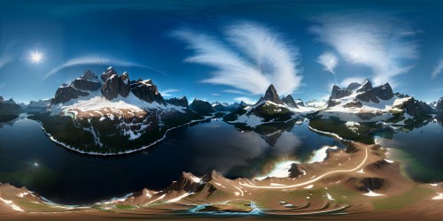 VR360 masterpiece digital painting, ultra-high resolution, Alpine mountain majesty. Snow-kissed peaks, jagged cliffs, emerald valley depths. Mirror lakes fed by glaciers, Azure sky in VR360 reflection. Richly detailed textures, contrasts sharply delineated, interplay of light and shadow captivating.