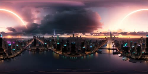 Masterpiece-level VR360 depiction, ultra-high resolution, stunning New York skyline, uniquely iconic architecture, vibrant city lights creating a sparkling starscape, expansive view, timeless elegance in detail, a captivating nocturnal ambiance. Style: Digital realism.