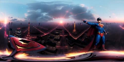 Superman fighting evil vampire over Paris at sunrise