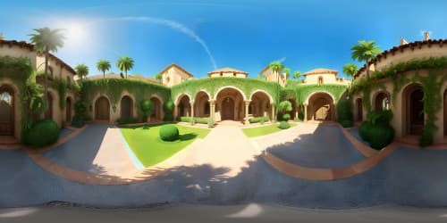 VR360 view of Spanish hacienda, clay-tiled roofs, intricate ironwork. Courtyard center, stone fountain, blooming bougainvillea. Evening light, ethereal glow. Picasso-style brush strokes, rich and textured. Ultra high-resolution VR360 masterpiece, brilliance beyond compare.