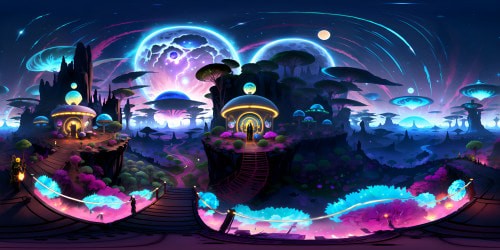 Ricky and Morty-inspired alien planet, ultra high-res VR360 artistry, palette of vibrant neon lights illuminating extraterrestrial flora. Surreal, cyberpunk influences in landscape design, stark contrast of dark sky adorned with luminescent celestial bodies, perfect for masterpiece VR360 exploration.