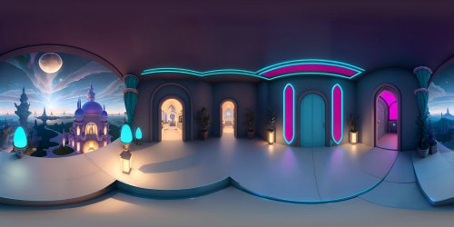 VR360 stage under footlights, VR360 audience view, balconies lining panoramic vista, high definition, detailed textures. Masterpiece-style, ultra HD quality, stylized yet hyperrealistic detailing, semi-abstract audience shapes, soft-edge architecture, distinctive spotlight gradients.
