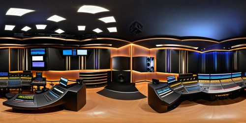 Ideal prompt: A flawlessly designed, cutting-edge recording studio's main control room, featuring sleek panels, state-of-the-art equipment, soft mood lighting, glossy surfaces reflecting LED indicators, ultra high-resolution sound wave artwork, and an imposing mixing console spotlighted in the center, radiating perfection in every detailed element.