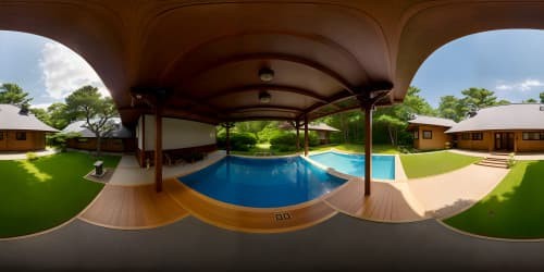 This is a Japanese style house.The house has a beautiful garden and shrine. The house is surrounded by forest. 