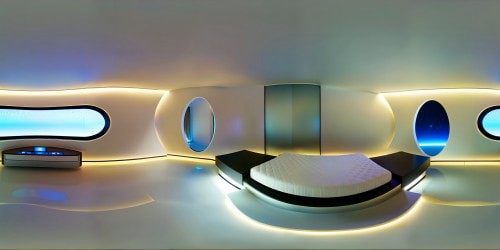 Futuristic bedroom, opulent, ultra high-res realm. VR360: Metallic curves, luminescent walls, holographic room controls. Floating bed, seamless glass window view: infinity starfield. Minimalistic, realistic tech-style elegance. Object interactivity, VR360 immersion masterpiece.