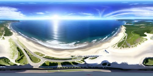 VR360 view, beachfront without men, high-resolution sand texture, pebbles strewn, shore curves subtly. Masterpiece quality, broad horizon, VR360 perspective of cerulean sea meeting azure sky. Wave crests, naturalistic style, realistic textures, ultra-high-end graphics.