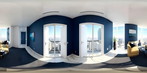 Masterpiece, ultra high-res VR360. Luxurious apartment, minimalist design, wall-to-wall picture frames, vibrant artwork, reflective marble flooring. Soft pastel hues, Pixar-style details. Intricate shadows, city skyline through panoramic windows, VR360 room scope.