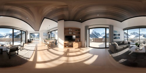 Ultra HD masterpiece, modern chalet living room, double glazed large window. VR360 daytime panorama, majestic mountains in backdrop. Clean lines, plush furniture, warm wood tones. VR360 grandeur, snow-capped peaks, vibrant blue sky. Sleek minimalism, rustic elegance combined.