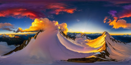 An awe-inspiring, ultra-high-resolution vista of majestic, colossal snowy mountain peaks rising to 5000m, bathed in a sunset's warm glow, as vast, vividly colored clouds billow over the horizon, the purple dusky shade enveloping the scene from a breathtaking altitude of 2000m.