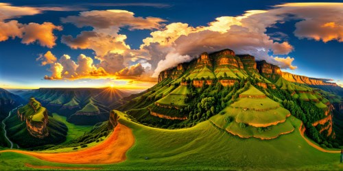 An awe-inspiring, ultra high-resolution portrayal of the exquisite Ethiopian highlands, epitomizing flawless terraced green valleys, majestic cliffs bathed in golden morning light, vivid wildflower meadows, and dynamic cloud formations, an unrivaled work of art.