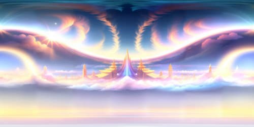 Ethereal cloudscape, VR360 masterpiece. Majestic, opulent celestial gates, iridescent halo arcs, VR360 heavenly panorama. Glistening golden rays, divine flares, ultra-high resolution, pastel perfection. Radiant light, blissful ambiance, meticulously detailed, ultra-high res pastel palette. Ethereal, divine VR360 cloudscape, gold-infused, opulent gates. Pastel hues in ultra-high res, radiant light, blissful VR360 ambiance.