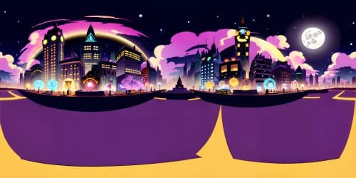 Ultra high res VR360, Gotham city skyline at night, revolving Bat-Signal, towering buildings in silhouette, Full moon, misty clouds, masterpiece quality, film noir style, Batman insignia, stoic gargoyles. 