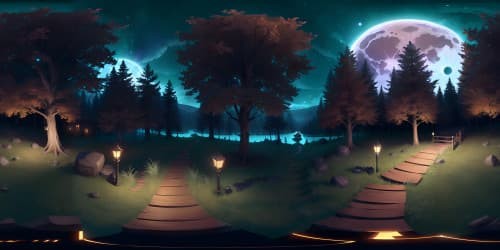 VR360 masterpiece, ultra-HD 4K, haunting dark pine forest, twisted tree silhouettes against full moon. Realistic style, reflective lake amidst rolling hills, ominously nestled haunted house. VR360 view, night sky bathed in lunar glow.