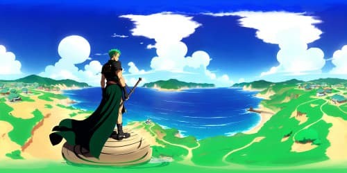 One piece character Zoro. in green hair. black eyes.  standing on a big ship can see the front face. smiling. BACKGROUND IS THE OCEAN