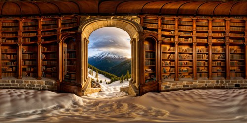 An ancient library of impeccable quality and artistic mastery, featuring intricate stone and aged wood details, captured in flawless ultra-high resolution. The VR360 view showcases towering bookshelves holding 20,000 volumes, with a center crackling fireplace casting a soft, warm glow. Arched metal windows with crystal panes reveal snowy mountain peaks and a turbulent sky, merging the inside with an impending storm outside, inviting you to immerse in a snow-cloaked, stormy afternoon with perfect detail and skill