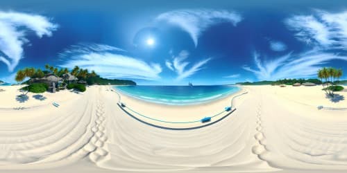 Ultra high-resolution, VR360 tropical seascape masterpiece, sun-kissed beach, emerald waves, playful dolphins breaching. Absence of people, focus on sun, sand, water, vibrant VR360 horizon. Style: an ideal blend of photo-realism and impressionism.