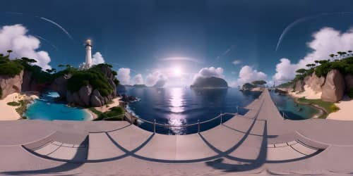 Midnight seascape panorama VR360, isolated silhouette lighthouse. Ultra-high-resolution fantasy ocean atmosphere, VR360 masterpiece. Pinnacle of detail, ultra HD quality, best in class VR360 artistry.