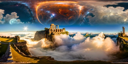 A breathtaking, flawless digital art fantasy landscape, showcasing a surreal fusion of ancient ruins, celestial bodies, and ethereal mist, sprawling across an ultra high-resolution canvas, embodying the pinnacle of visual artistry.