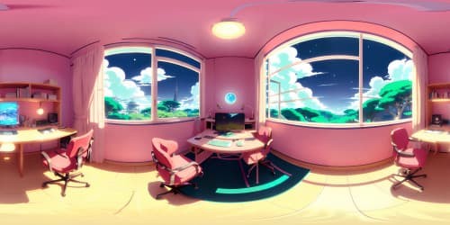 VR360 anime-style room, vibrant pink hues, cat-eared VR headset, anime figurine display, optimum Ken representation, whimsical desk setup. Intricate detailing, high resolution, perfect body contours, grand doll collection. VR360 spectacles, Barbie-inspired, anime-infused, ultra-realistic.