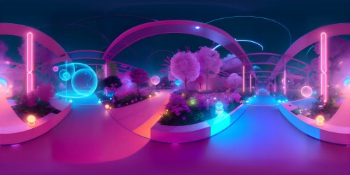 High-res masterpiece, VR360 romantic artificial world. Ethereal AI constructs, luminescent circuitry, floating 3D data bubbles. Late sunset palette, deep violets, pinks, golds. Refined, Pixar-style visuals. Minimalistic humans, playful AI avatars, intricate VR360 digital landscapes. Subtle use of glowing neon in design elements.