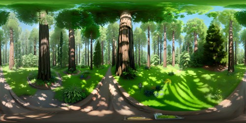 VR360: Redwoods towering, enveloping emerald meadow, vibrant green foliage, Monet-inspired style. Brushstroke texture, saturated color palette, dappled sunlight peering through expansive redwood canopy. VR360: Ultra high-resolution, masterpiece quality, impressionistic grandeur.