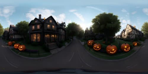 VR360, Sleepy Hollow main street, Halloween, immersive ultra-high resolution, ghostly aura, cobwebbed homes, carved pumpkins glowing, eerie windmill silhouette, ultra-realistic style, masterpiece vibes