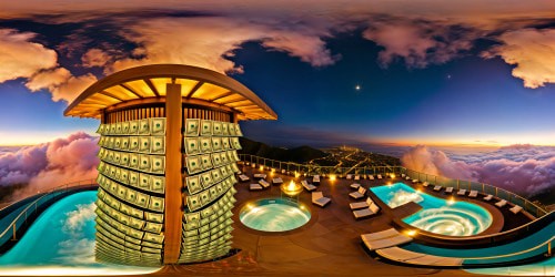 A luxurious rooftop oasis at dusk, boasting a mesmerizing swimming pool overflowing with cascading dollar bills, shimmering gold bars, dazzling gems, and exotic dancers twirling around glistening poles under the enchanting glow of moonlit skies, a breathtaking and dangerously opulent sight captured in ultra-high resolution, a true masterpiece of extravagance.