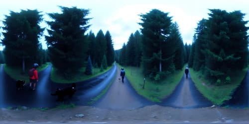 two boys holding hand walking on a dirt path in a dark rainy forest with a black and white cat walking with them