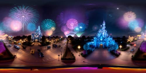 Classic Disneyland, Sleeping Beauty's castle, VR360 twinkling lights, vibrant parade floats. Colorful, intricate patterns, VR360 Magic Kingdom skyline. Balloons dance, pastel clouds, evening glow. Animated style, high-definition, Pixar-like quality, immersion-focused, ultra-high-resolution masterpiece.