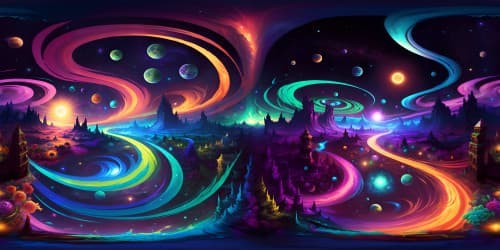 Masterpiece-quality, ultra-high-res VR360, grand spectacle of swirling galaxies, celestial bodies, radiant constellations. Closer view of sun, planets, moons, asteroids, Saturn's rings in VR360. Fantasy art style with nebulous colors. Otherworldly, ultra-high-res VR360 spectacle.