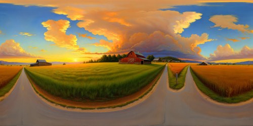 Expansive, flawless rendition of a quintessential American landscape at sunset, with rolling amber fields, rustic barns, and a majestic flag waving in a gentle breeze under a canvas of vivid, painted skies, meticulously detailed in ultra-high resolution 8K-M3.