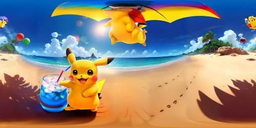 pikachu on a beach holding a beverage