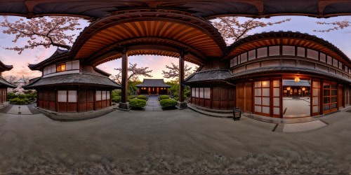 A grand and immaculate traditional Japanese dojo, resplendent with intricate wooden architecture, serene rock gardens, paper lanterns casting a warm glow, sliding doors revealing a flawless cherry blossom courtyard, under a tranquil moonlit sky.