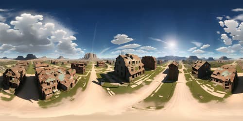 VR360, roof top view of ultra high-res masterpiece, decaying cityscape, post-apocalyptic devastation, abandoned vehicles, eerie emptiness, sans human presence. VR360, surreal art, weathered textures, somber palette. sky view skyline