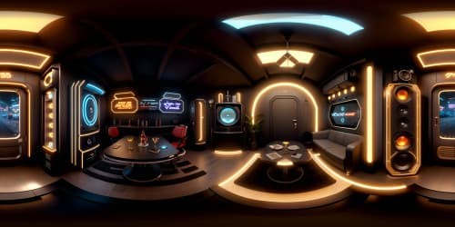 High-end man cave VR360 view, Pixar-style, vintage paraphernalia adorning walls, flickering neon signs. Ultra high-res leather recliners, wooden retro jukebox. Rich textures, immersive VR360 detailing, masterpiece of visual artistry.