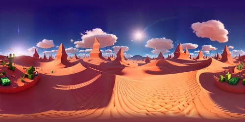 Minecraft-inspired, block-structured desert landscape, infinite sand dunes, isolated cacti, cubic sun in chromatic sky. Pixellated, ultra-high resolution, masterpiece quality. VR360 expansive scene, VR360 emphasis on blocky horizon line.