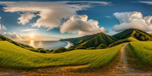 A flawless, ultra high-resolution depiction of the Japanese countryside in summer, with lush rolling green hills meeting the distant ocean, set under a dreamlike, hazy sky filled with fluffy white clouds, capturing a joyful and serene atmosphere.