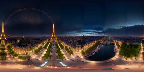 La Tour Eiffel, illuminated grandeur, sparkling lights against night sky, golden radiance reflected on Seine, ultra high-res. VR360 panorama, Parisian cityscape backdrop. Refined, digital painting style, masterpiece aesthetics. Emphasize finest details, VR360 view, nocturnal magic.