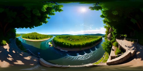 VR360 masterpiece, ultra-high resolution, swiftly coursing river, not excessively wide. Evergreen lining, river rushing over flat cement bridge. VR360 scenic beauty, seamless blend of natural elements and man-made structure.