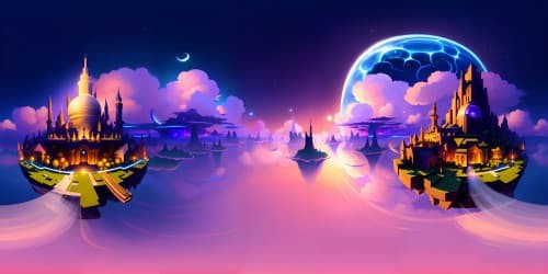 Masterpiece ultra HD VR360, grandiose sky panorama, pixel-perfect cloud formations, vivid chromatic sunset, surreal art-style. Minimalist city skyline, silhouetted against the sunset, GTAG-inspired design. Expansive VR360 backdrop, dynamic lighting, pixel art aesthetics.