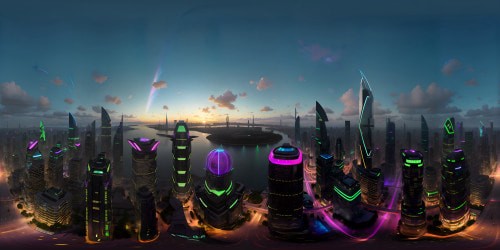 VR360, ultra-high resolution, futuristic city, shimmering skyscrapers, neon lights vibrating, luminescent airborne vehicles, holographic billboards. VR360, sleek monorail, floating platforms, glass bridges. Sky-high view, sunset hues melting into cityscape, masterfully rendered, Unsurpassed realism, digital painting finesse.